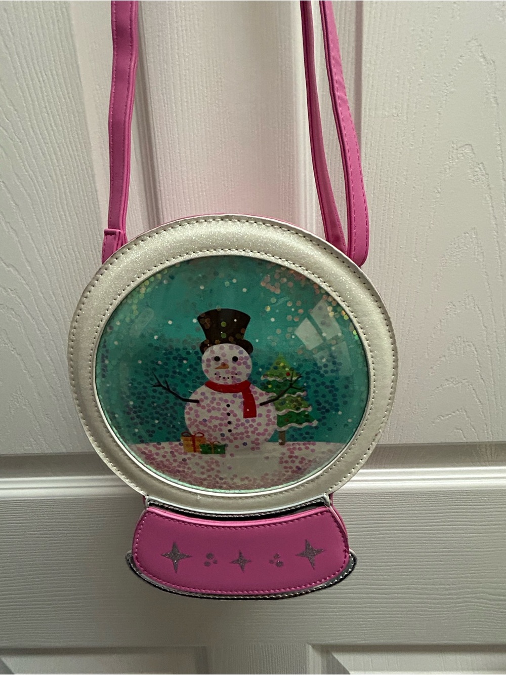Pink Snowman Snow Globe Crossbody Bag